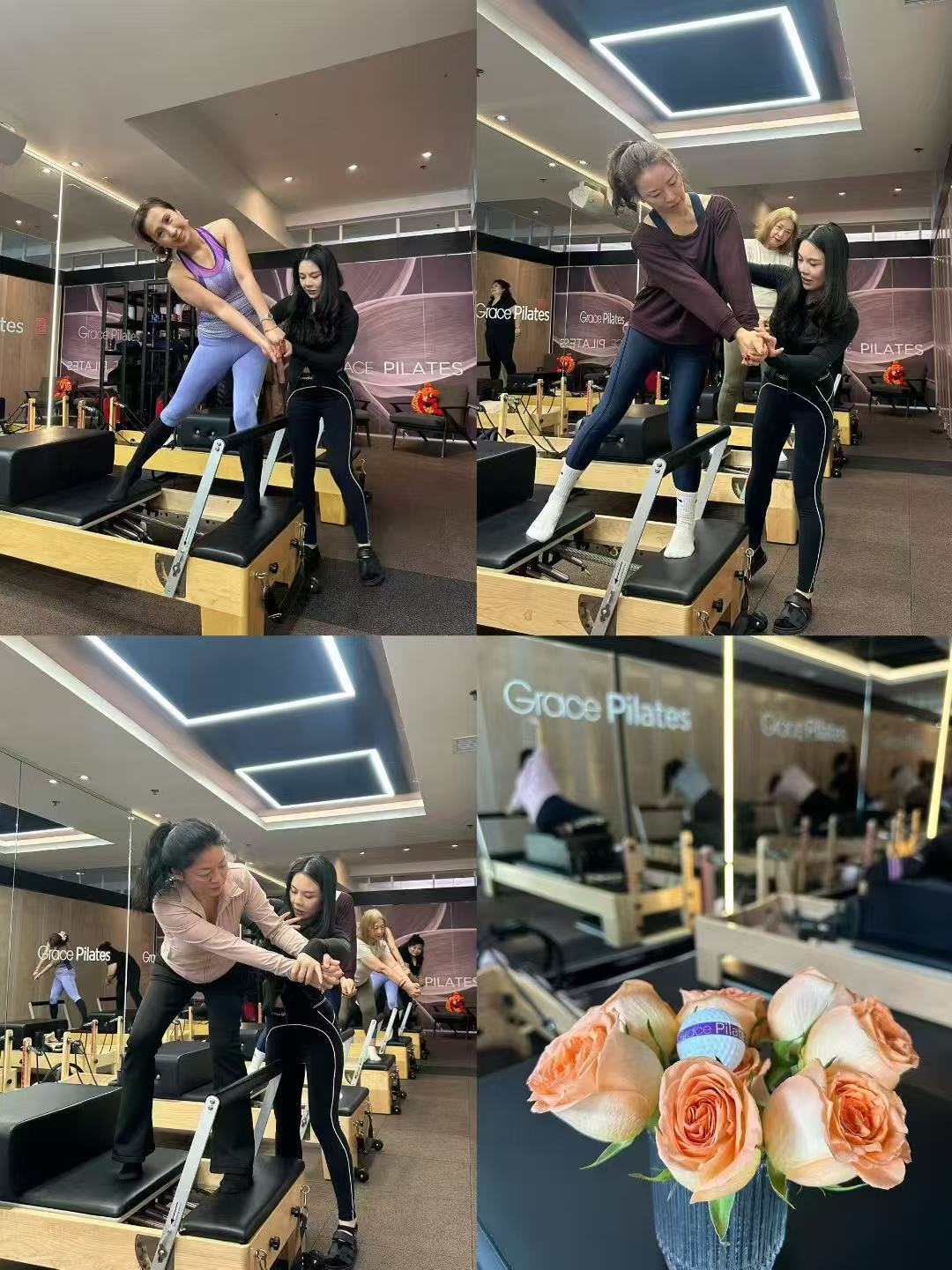 教练在普拉提器械上一对一指导会员训练姿势